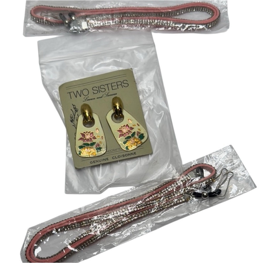 Two Sisters Cloisonné Floral Earrings and Pink Lanyards